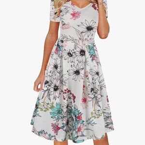 Oxiuly Women's White Floral V-Neck Casual Pocket Party Swing Dress XXL
